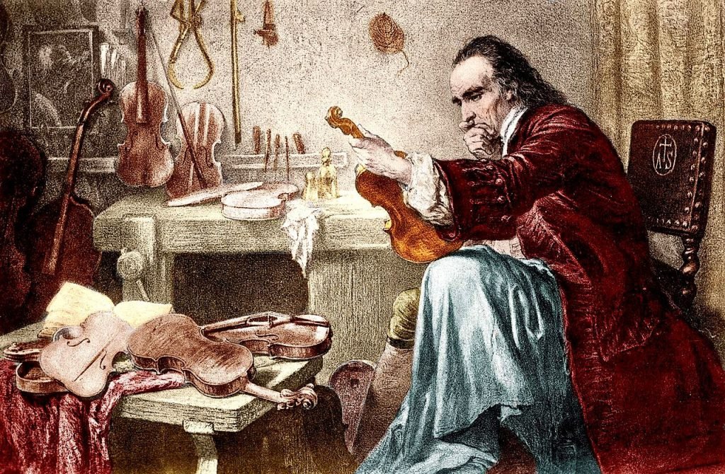 A romanticized print of Antonio Stradivari examining an instrument (Source)