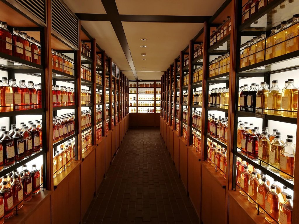 Whiskey bottles in shelves