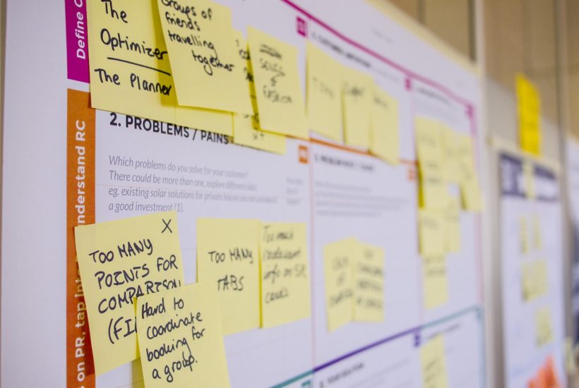 This picture show a bunch of notes with innovation ideas in a board.