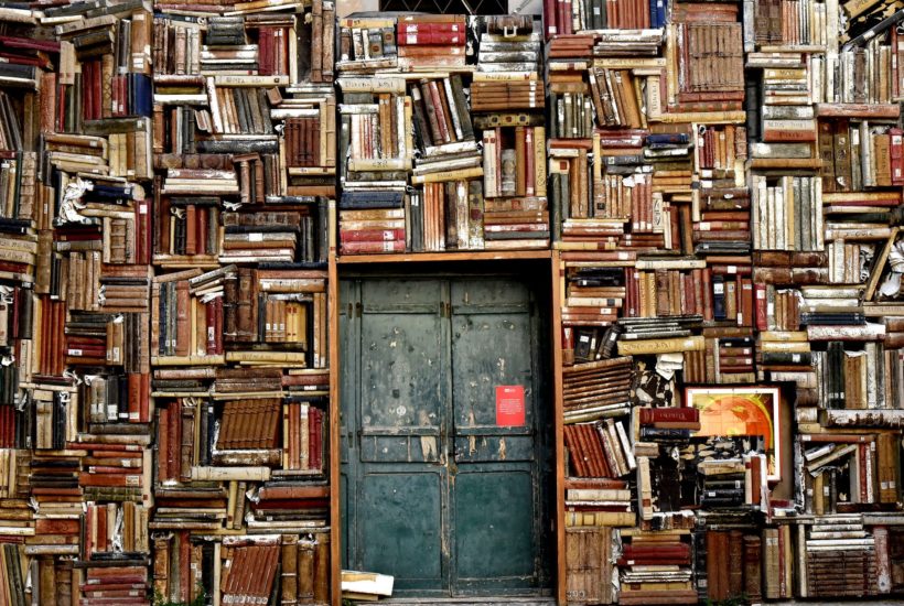 This picture show hundred of books and a door.