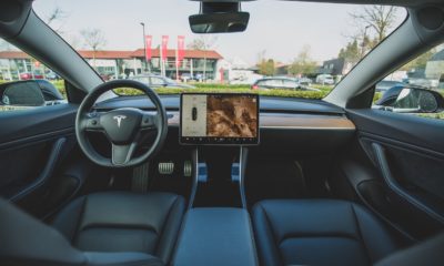 This picture show the cabin of a Tesla car.