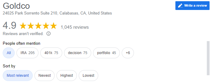 Google reviews - Goldco