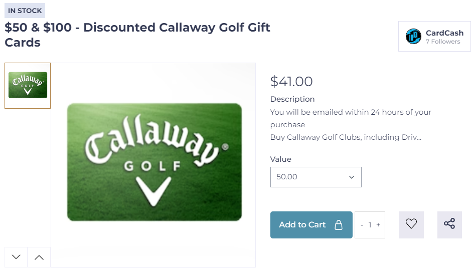 A Callaway golf gift card offered during a CardCash.com live commerce event